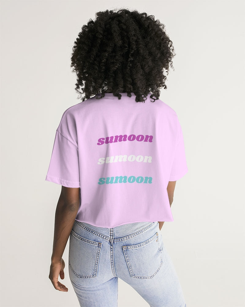 light pink large text logo cropped tee